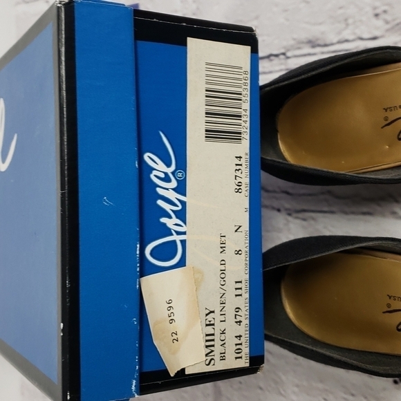 VINTAGE Joyce Smiley Flats Black Linen & Gold Metallic Upper USA  VGUC In Box - Picture 11 of 15
